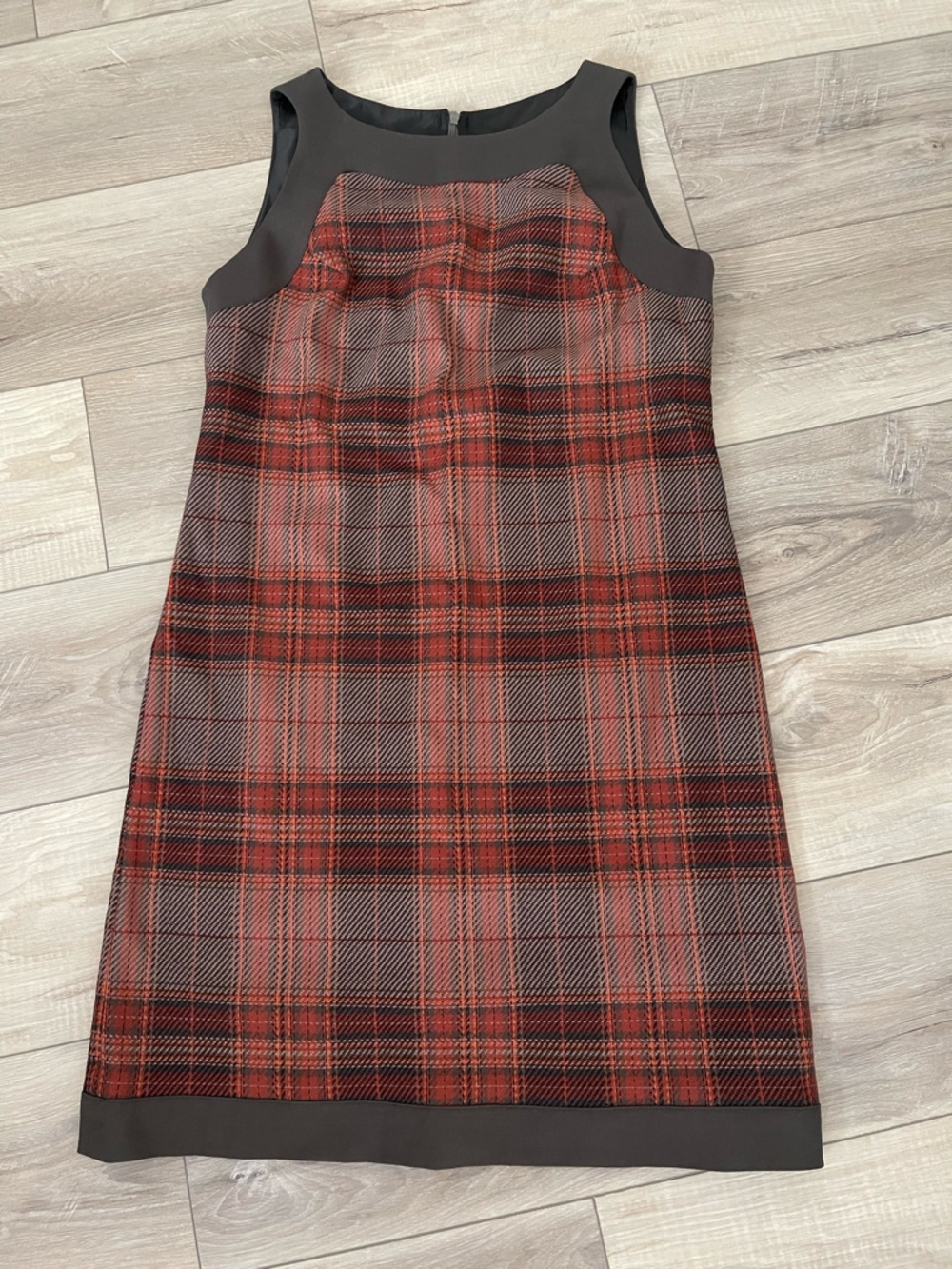 Red Plaid Midi Dress with Black Trim - Women's Tailored Shift